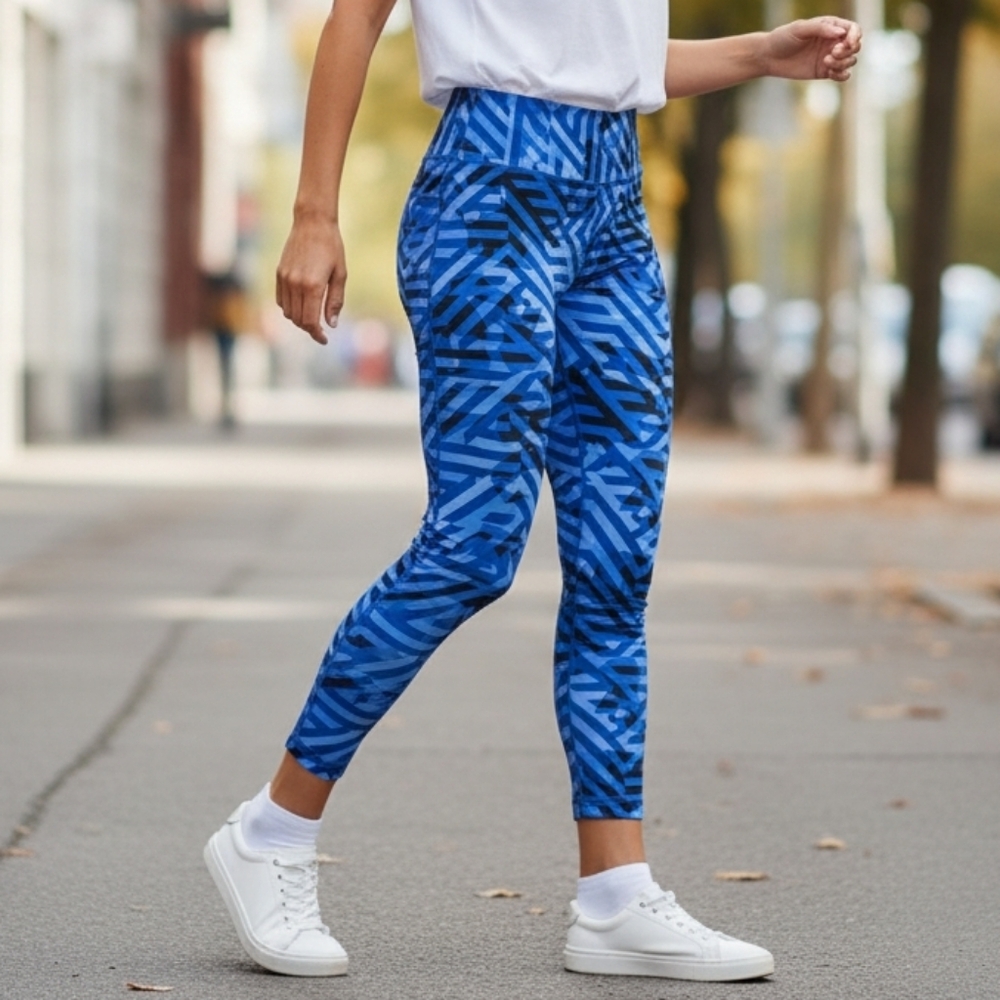 Champion Small Blue Leggings Cropped Geometric Yoga Pants Moisture Wicking Tight